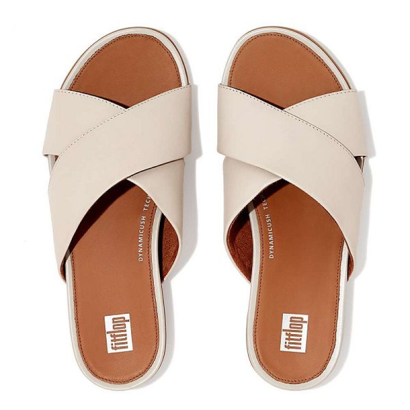 Grey / Beige Women's FitFlop Gracie Leather Cross Slides | 417LOKBTR