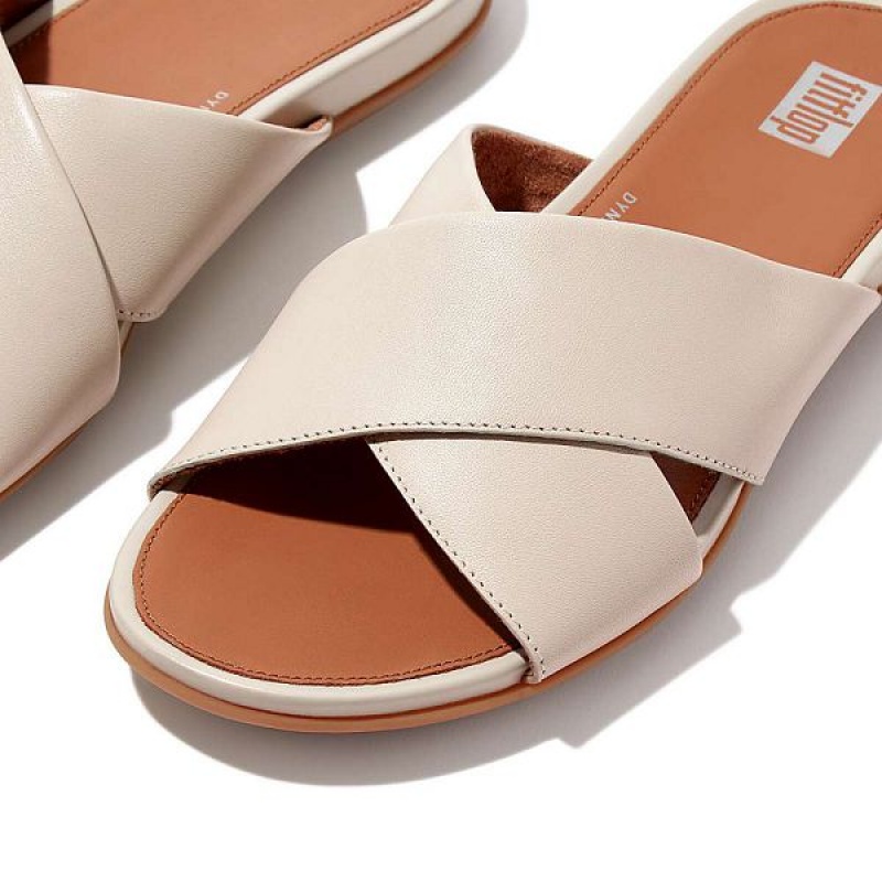 Grey / Beige Women's FitFlop Gracie Leather Cross Slides | 417LOKBTR