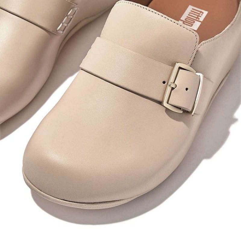 Grey / Beige Women's FitFlop Shuv Buckle Strap Leather Clogs | 104LEDAGB