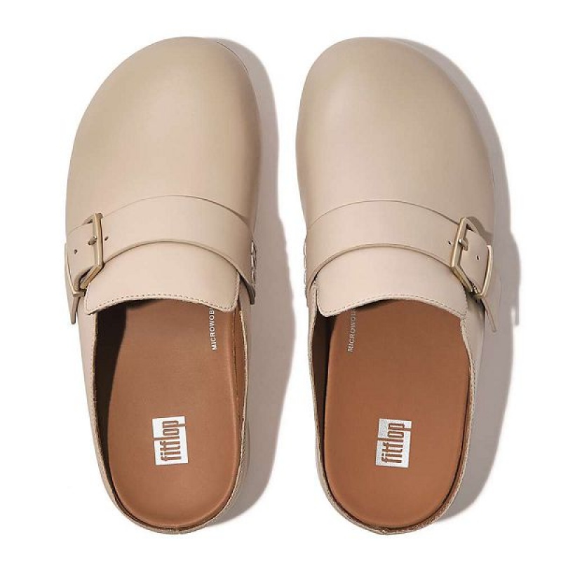 Grey / Beige Women's FitFlop Shuv Buckle Strap Leather Clogs | 104LEDAGB