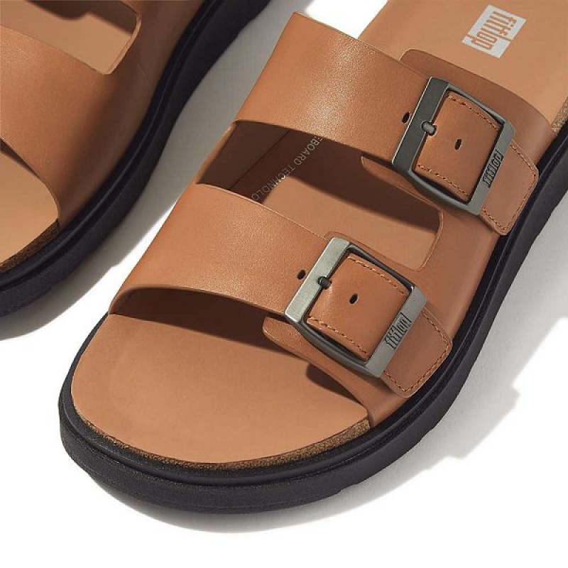 Light Brown Men's FitFlop Gen-Ff Buckle Two Bar Leather Slides | 945ACODNX