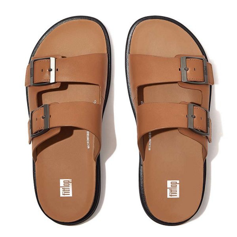 Light Brown Men's FitFlop Gen-Ff Buckle Two Bar Leather Slides | 945ACODNX