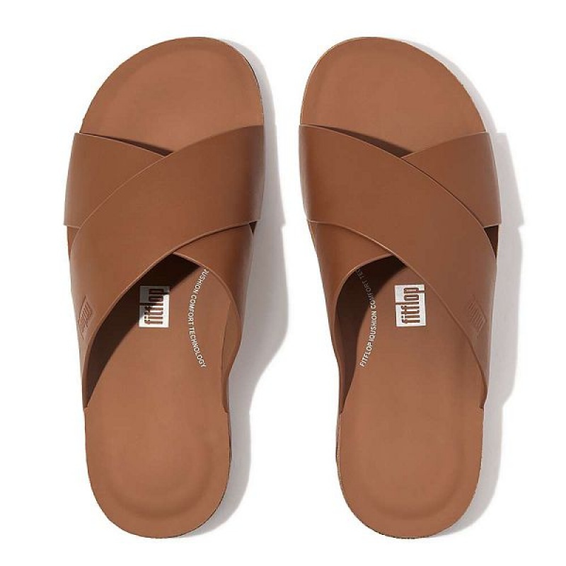 Light Brown Men's FitFlop Iqushion Leather Cross Slides | 701LDZXRI