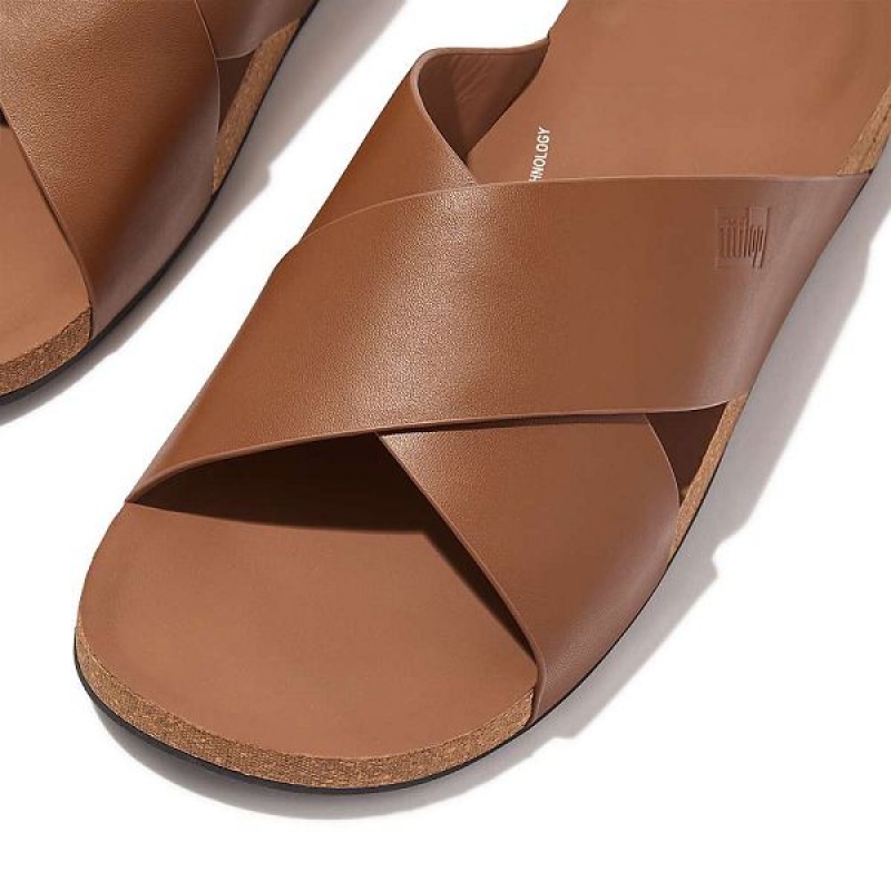 Light Brown Men's FitFlop Iqushion Leather Cross Slides | 701LDZXRI