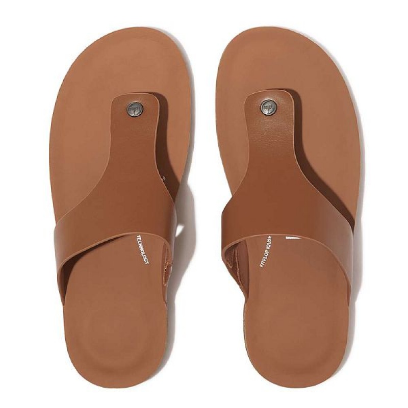 Light Brown Men's FitFlop Iqushion Leather Toe-Post Sandals | 369SFLKNO