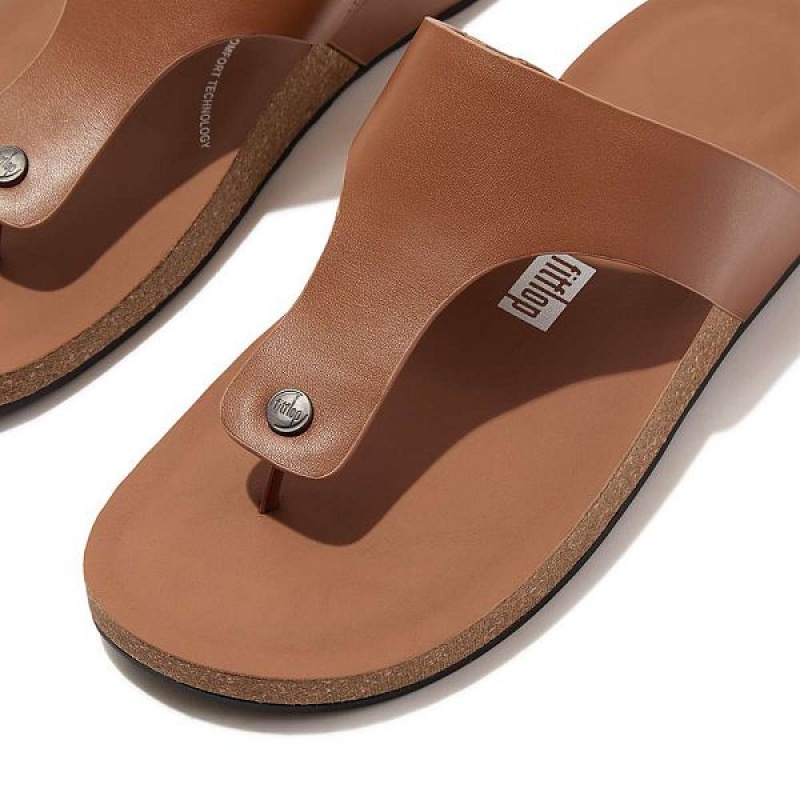 Light Brown Men's FitFlop Iqushion Leather Toe-Post Sandals | 369SFLKNO