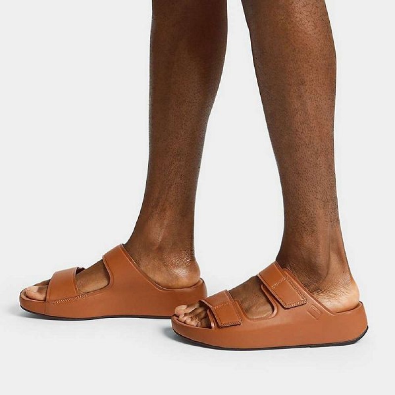 Light Brown Men's FitFlop Samel Adjustable Leather Slides | 387OYWPBH