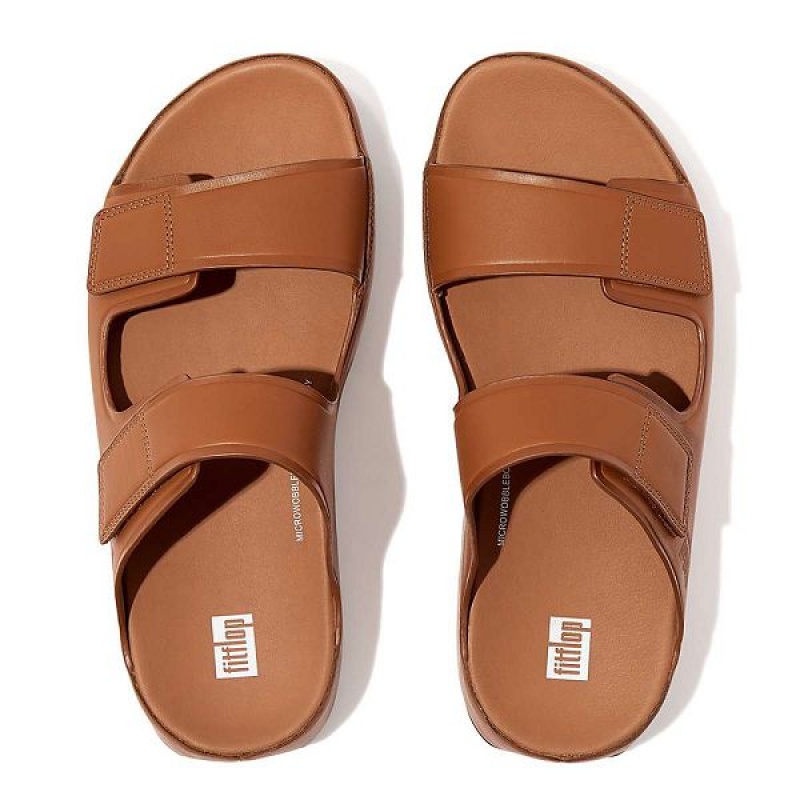 Light Brown Men's FitFlop Samel Adjustable Leather Slides | 387OYWPBH