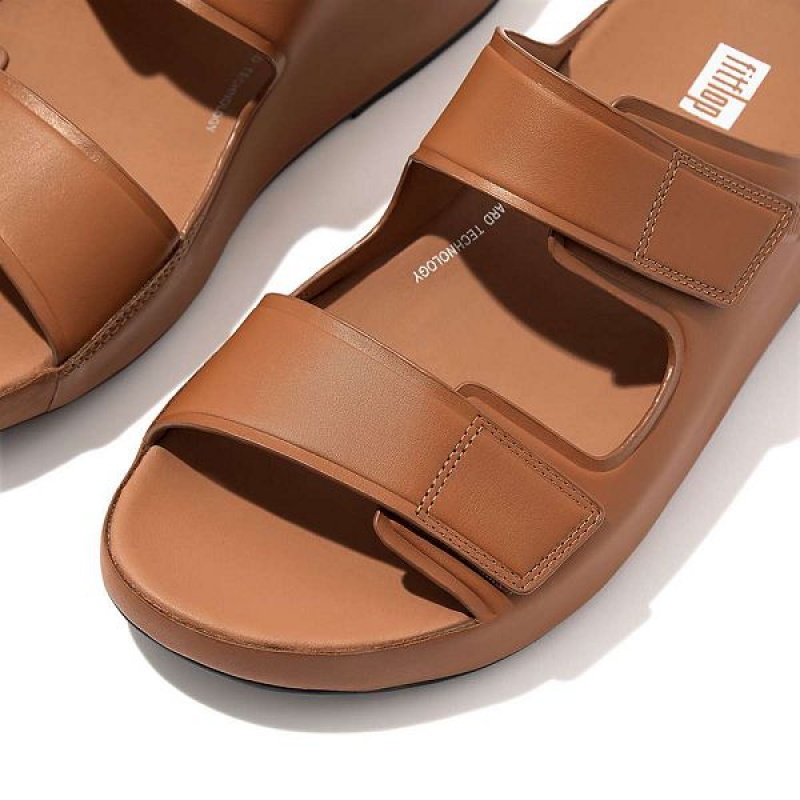 Light Brown Men's FitFlop Samel Adjustable Leather Slides | 387OYWPBH