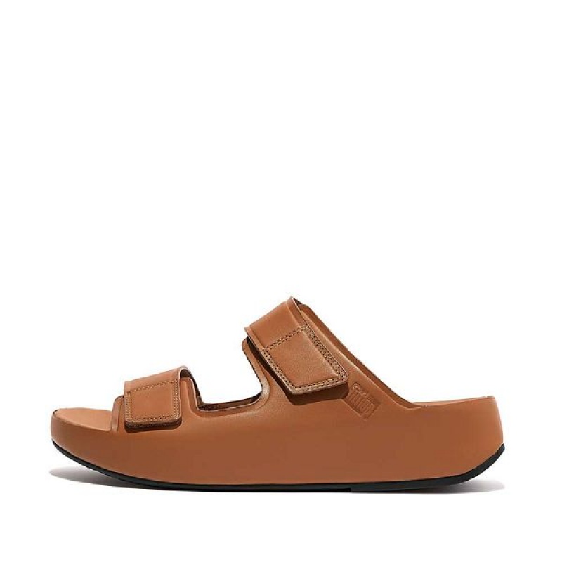 Light Brown Men\'s FitFlop Samel Adjustable Leather Slides | 387OYWPBH