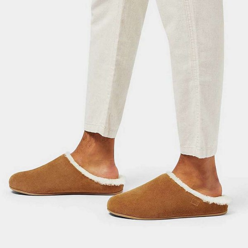 Light Brown Men's FitFlop Shove Shearling Lined Suede Slippers | 012KOTIEY