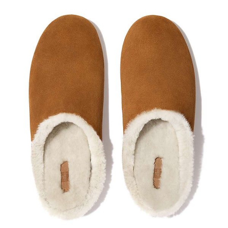 Light Brown Men's FitFlop Shove Shearling Lined Suede Slippers | 012KOTIEY