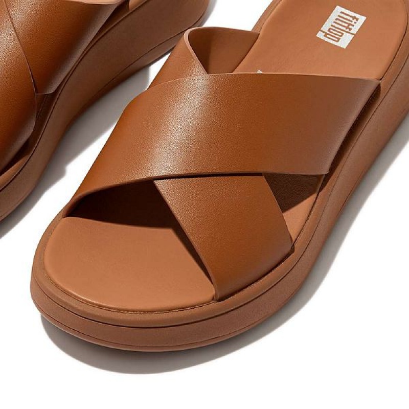 Light Brown Women's FitFlop F-Mode Leather Flatform Cross Slides | 328SDZNPV