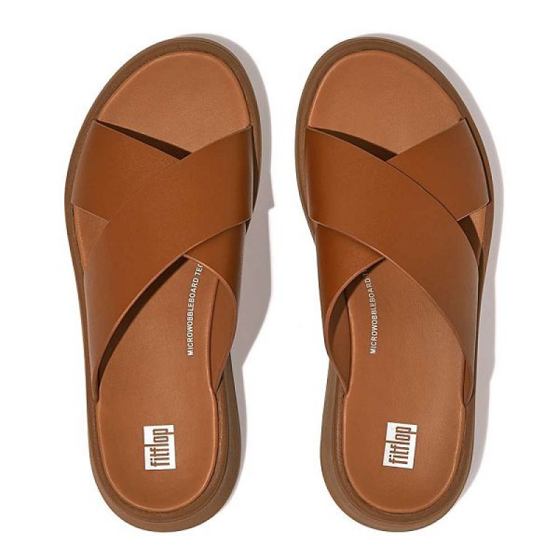 Light Brown Women's FitFlop F-Mode Leather Flatform Cross Slides | 328SDZNPV