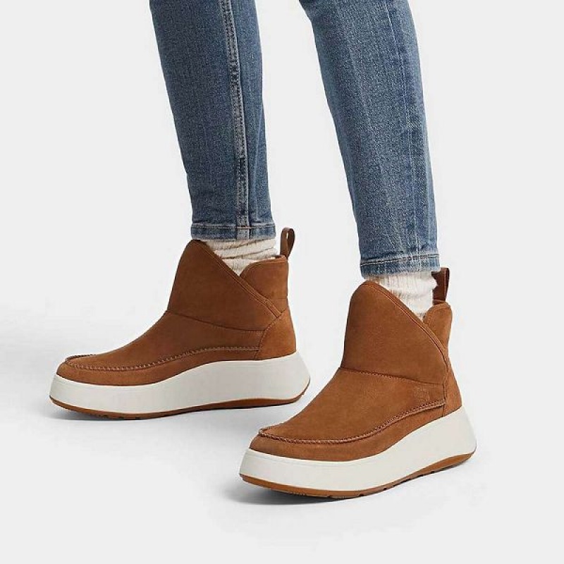 Light Brown Women's FitFlop F-Mode Nubuck-Mix Flatform Bootie Sneakers | 152QBXLKW