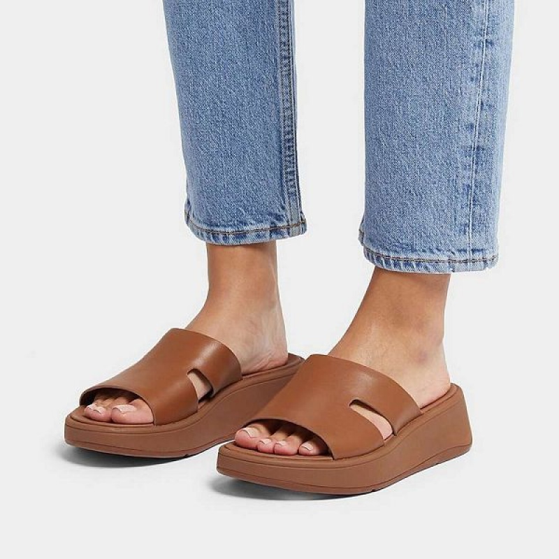 Light Brown Women's FitFlop F-Mode Raw Edge Leather Flatform H Bar Slides | 690NTODZA