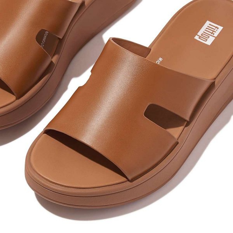 Light Brown Women's FitFlop F-Mode Raw Edge Leather Flatform H Bar Slides | 690NTODZA