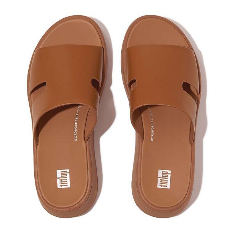 Light Brown Women's FitFlop F-Mode Raw Edge Leather Flatform H Bar Slides | 690NTODZA