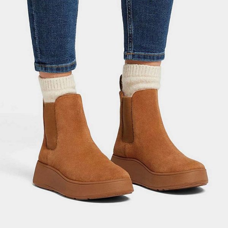 Light Brown Women's FitFlop F-Mode Suede Flatform Chelsea Boots | 415OETXPC