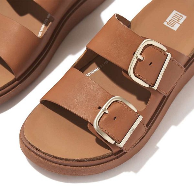 Light Brown Women's FitFlop Gen-Ff Buckle Two Bar Leather Slides | 209RSJENQ