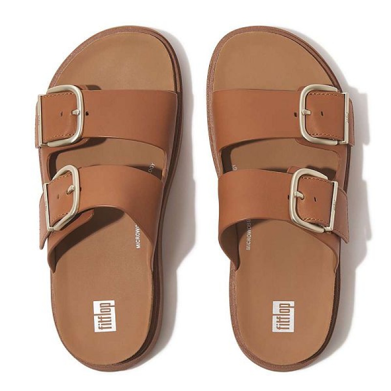 Light Brown Women's FitFlop Gen-Ff Buckle Two Bar Leather Slides | 209RSJENQ