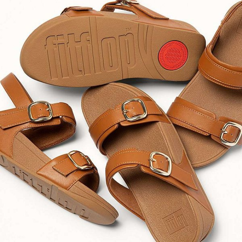 Light Brown Women's FitFlop Lulu Adjustable Leather Sandals | 851LBIMYJ