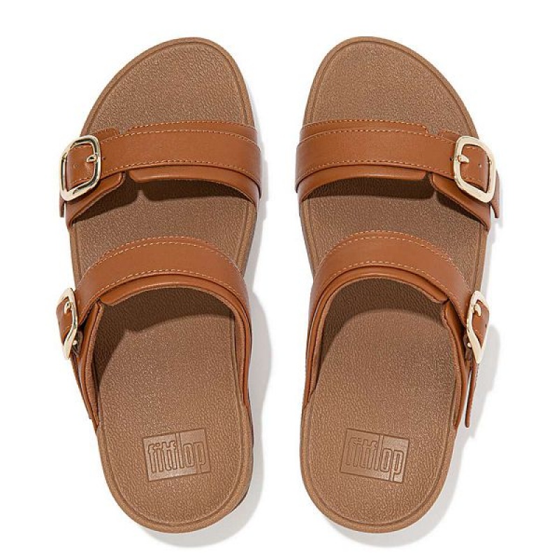 Light Brown Women's FitFlop Lulu Adjustable Leather Slides | 490WIPNEA