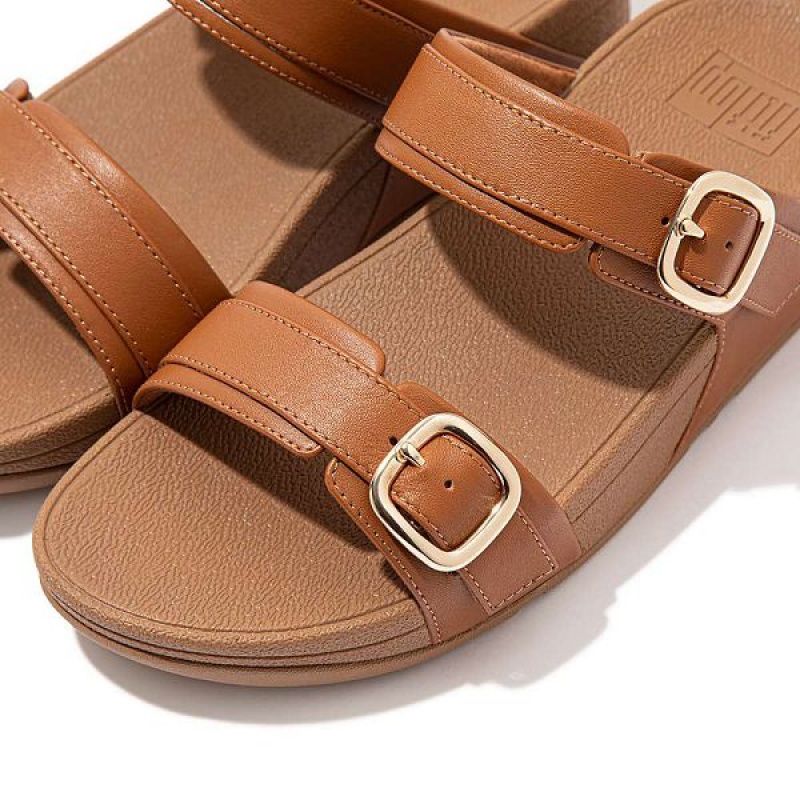 Light Brown Women's FitFlop Lulu Adjustable Leather Slides | 490WIPNEA