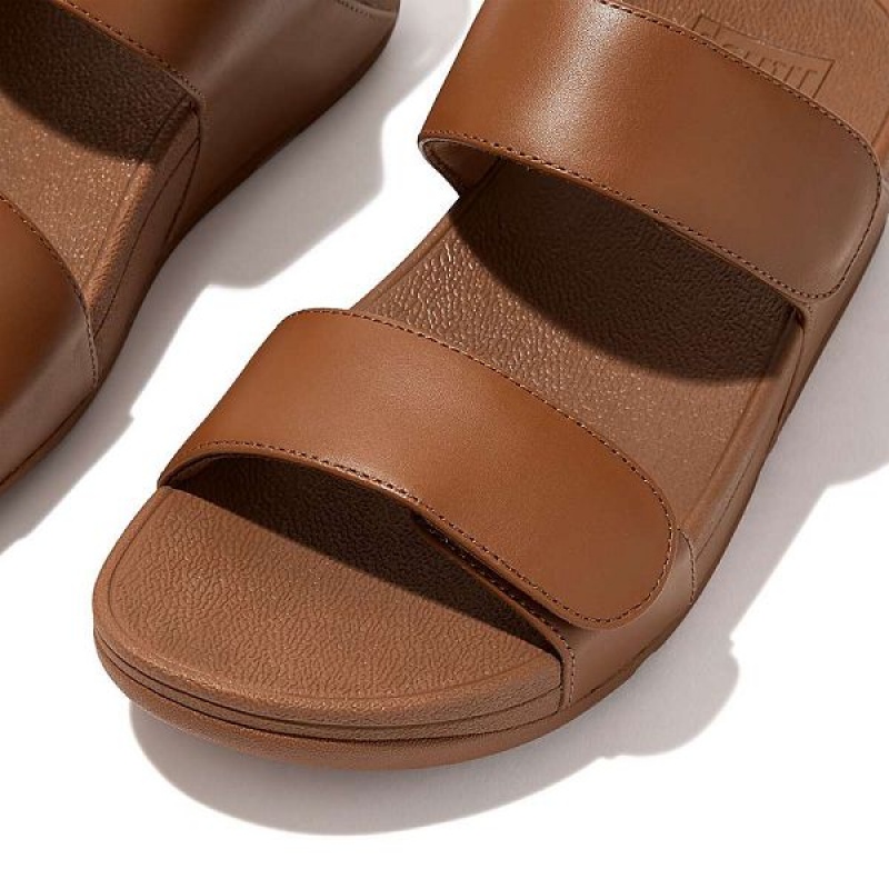 Light Brown Women's FitFlop Lulu Adjustable Leather Slides | 502QPYXKC