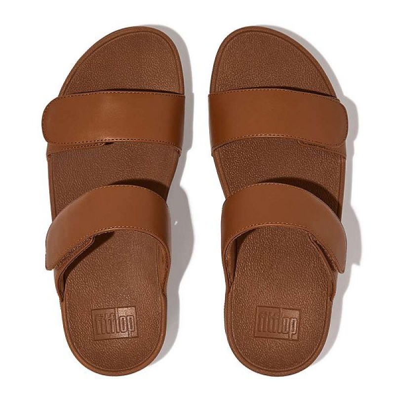 Light Brown Women's FitFlop Lulu Adjustable Leather Slides | 502QPYXKC