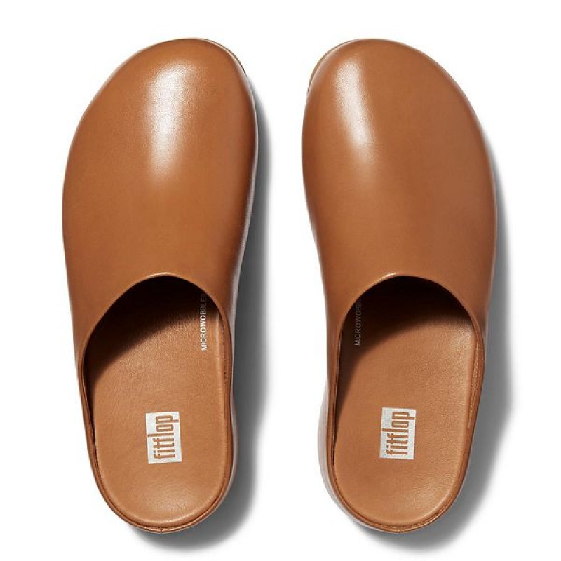 Light Brown Women's FitFlop Shuv Leather Clogs | 670WEDBUA