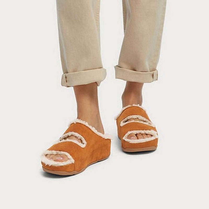 Light Brown Women's FitFlop Shuv Two Bar Shearling Suede Slides | 087SZYCKU