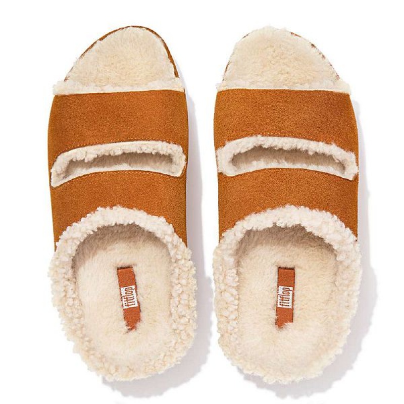 Light Brown Women's FitFlop Shuv Two Bar Shearling Suede Slides | 087SZYCKU