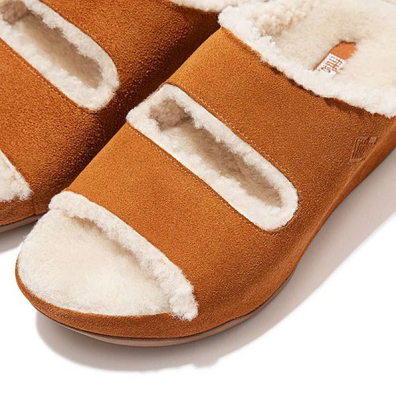 Light Brown Women's FitFlop Shuv Two Bar Shearling Suede Slides | 087SZYCKU