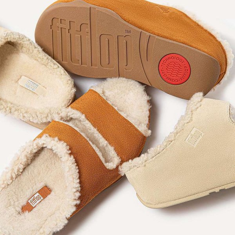 Light Brown Women's FitFlop Shuv Two Bar Shearling Suede Slides | 087SZYCKU