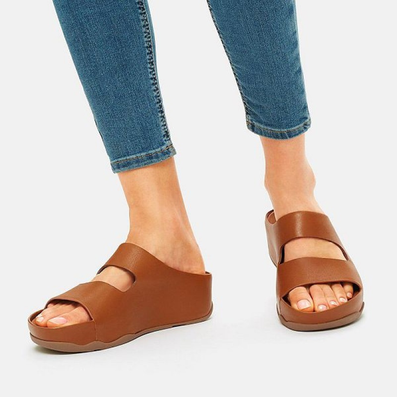 Light Brown Women's FitFlop Shuv Two Bar Leather Slides | 971RPGQYI