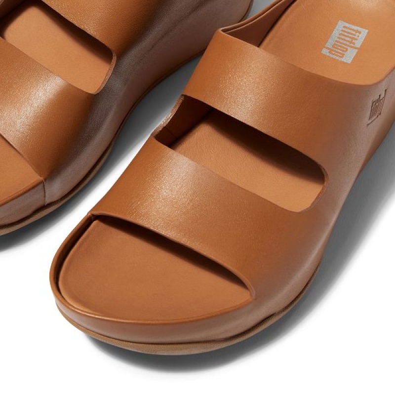 Light Brown Women's FitFlop Shuv Two Bar Leather Slides | 971RPGQYI