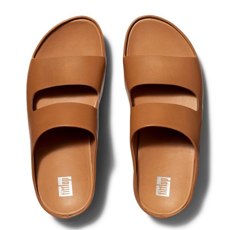 Light Brown Women's FitFlop Shuv Two Bar Leather Slides | 971RPGQYI