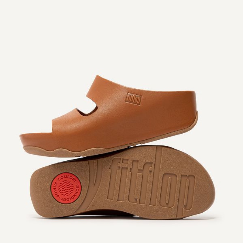 Light Brown Women's FitFlop Shuv Two Bar Leather Slides | 971RPGQYI