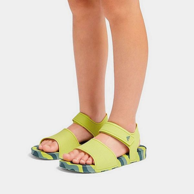 Light Green Kids' FitFlop Iqushion Junior Wave Print Ergonomic Back-Strap Sandals | 609ABNMIG