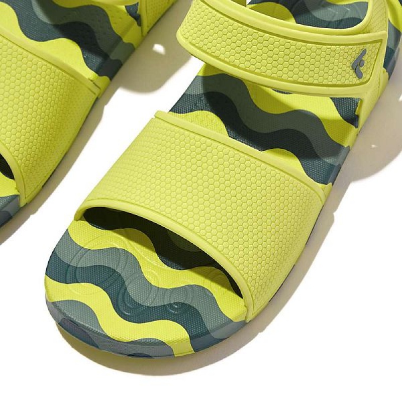 Light Green Kids' FitFlop Iqushion Junior Wave Print Ergonomic Back-Strap Sandals | 609ABNMIG