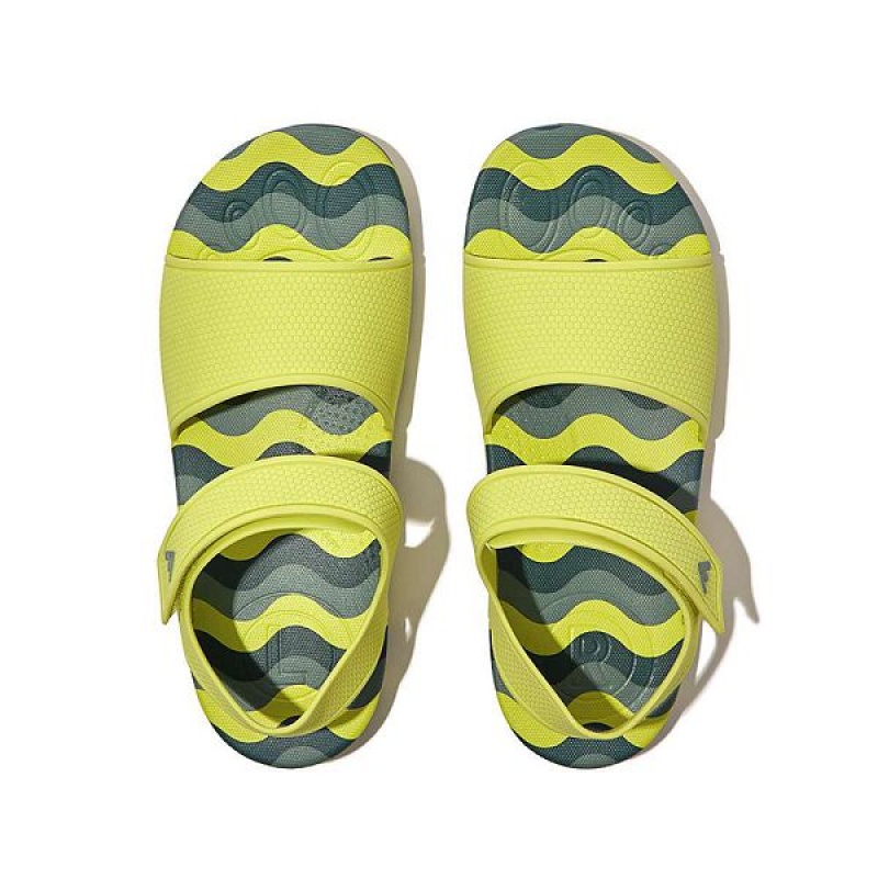 Light Green Kids' FitFlop Iqushion Junior Wave Print Ergonomic Back-Strap Sandals | 609ABNMIG