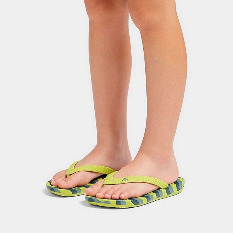 Light Green Kids' FitFlop Iqushion Junior Wave Print Ergonomic Flip Flops | 690HJTEDI