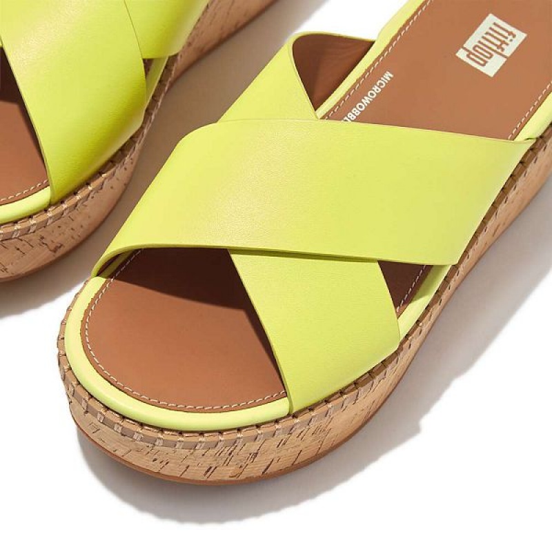 Light Green Women's FitFlop Eloise Leather Cork Wedge Cross Slides | 260KVUZSE