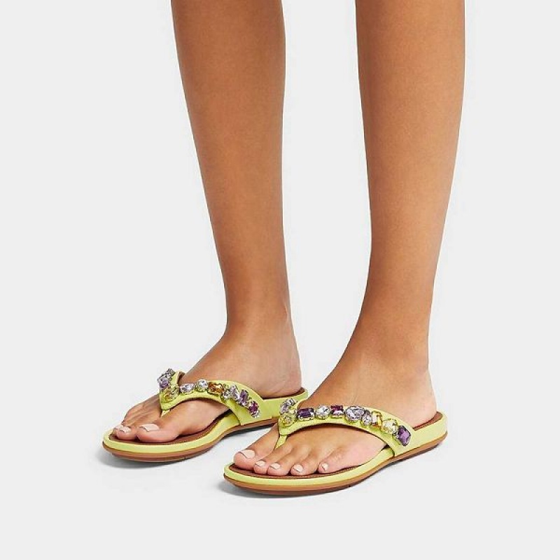 Light Green Women's FitFlop Gracie Jewel Deluxe Leather Flip Flops | 732IBQXAD