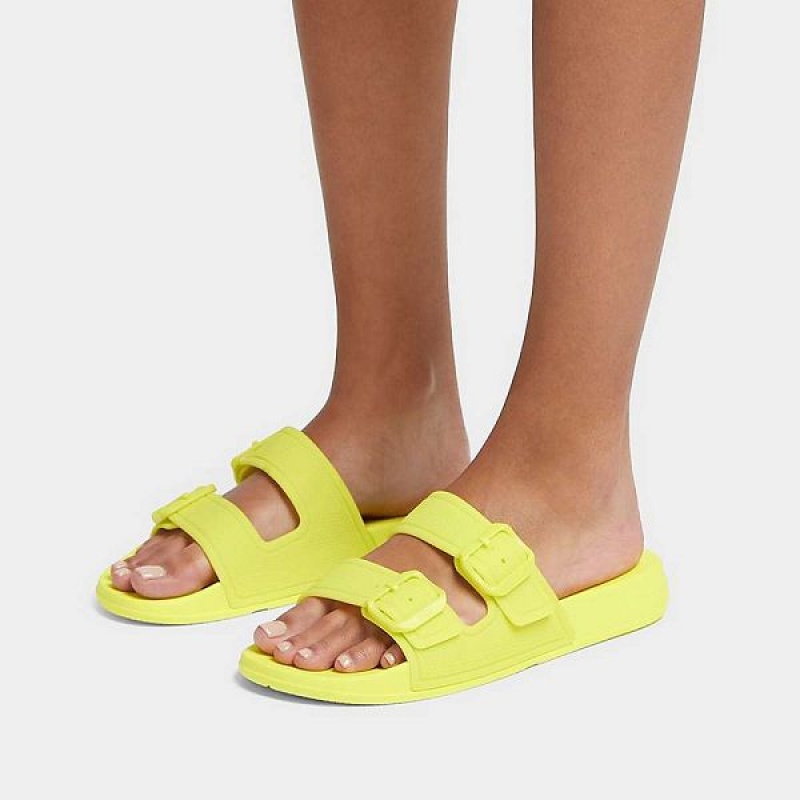 Light Green Women's FitFlop Iqushion Glow In The Dark Two Bar Buckle Slides | 497WNILRH