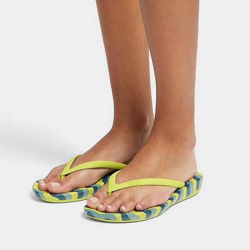 Light Green Women's FitFlop Iqushion Wave Print Ergonomic Flip Flops | 236ACXQMG