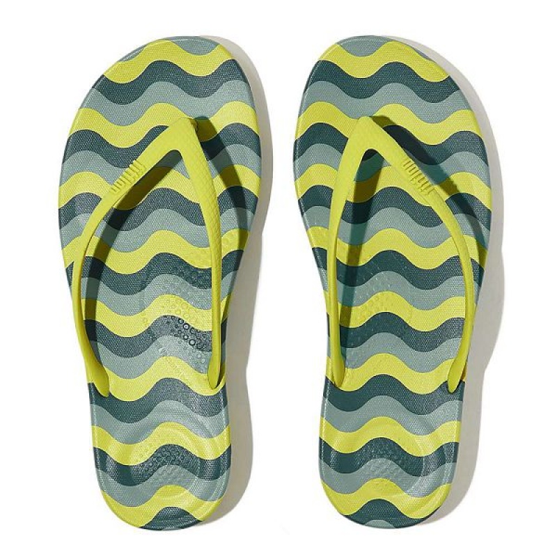 Light Green Women's FitFlop Iqushion Wave Print Ergonomic Flip Flops | 236ACXQMG