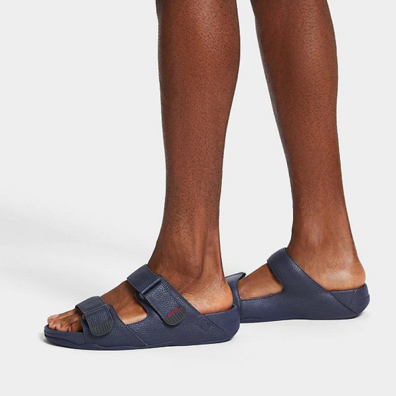 Navy Men's FitFlop Gogh-Moc Adjustable Leather Slides | 731SXLDVB