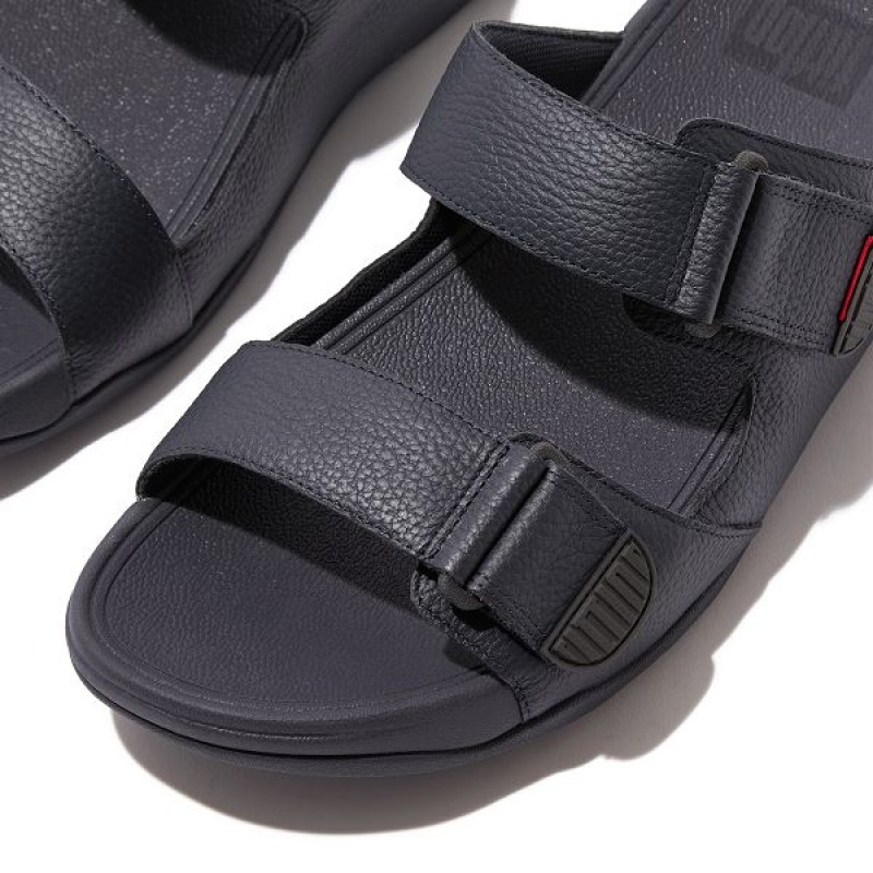 Navy Men's FitFlop Gogh-Moc Adjustable Leather Slides | 731SXLDVB